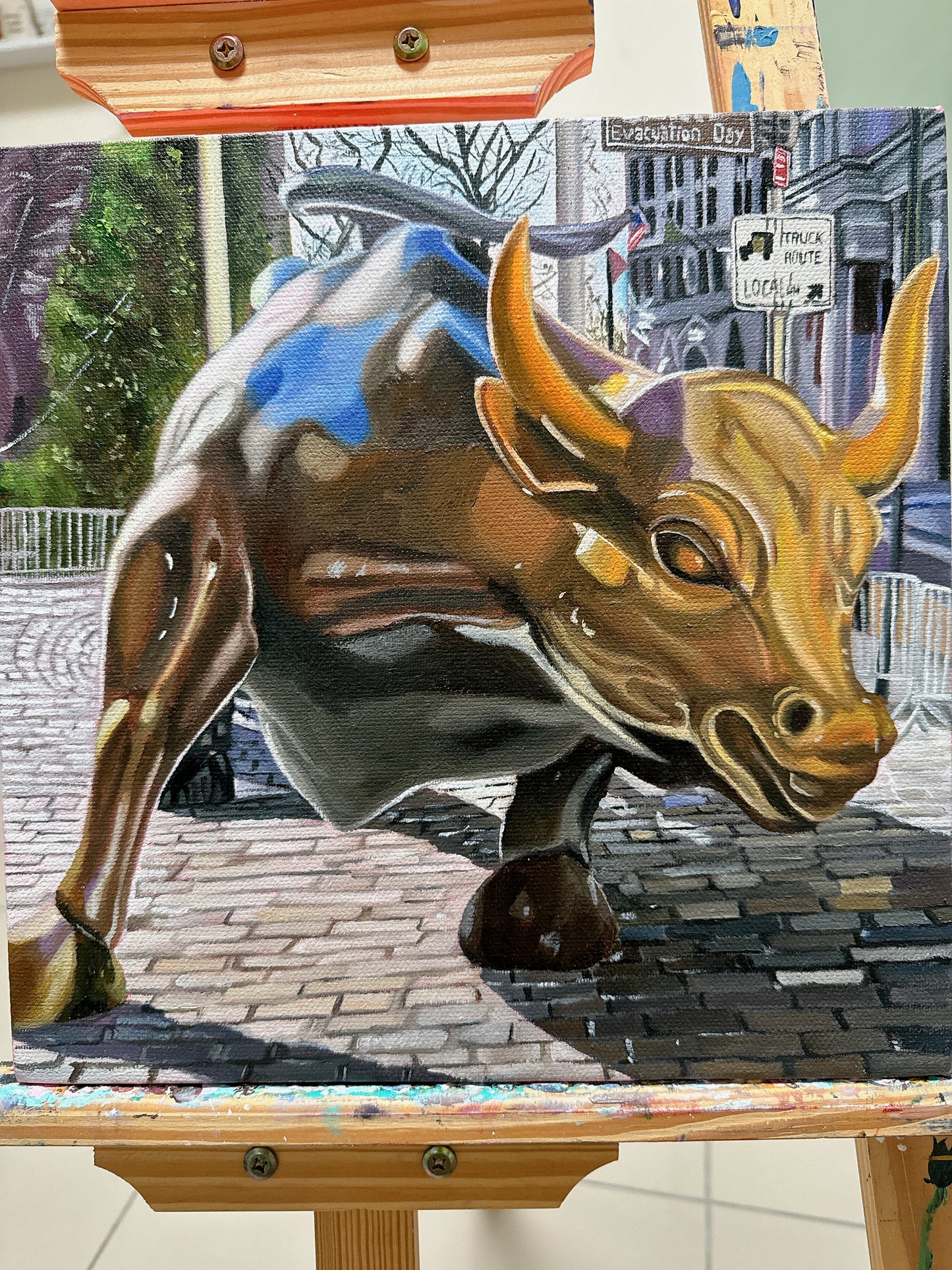 Charging bull oil painting