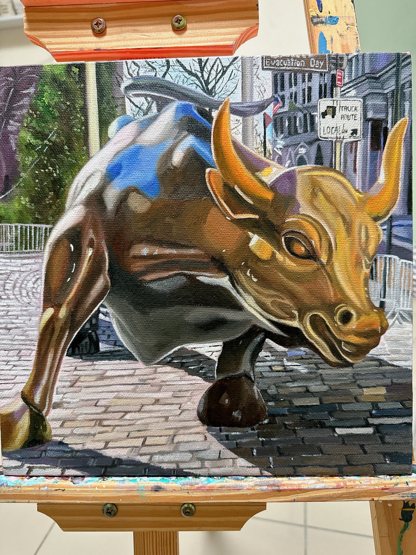 Charging bull oil painting