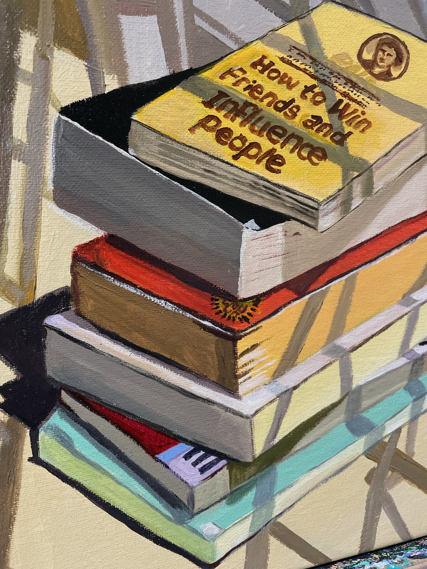 Stack of books acrylic painting