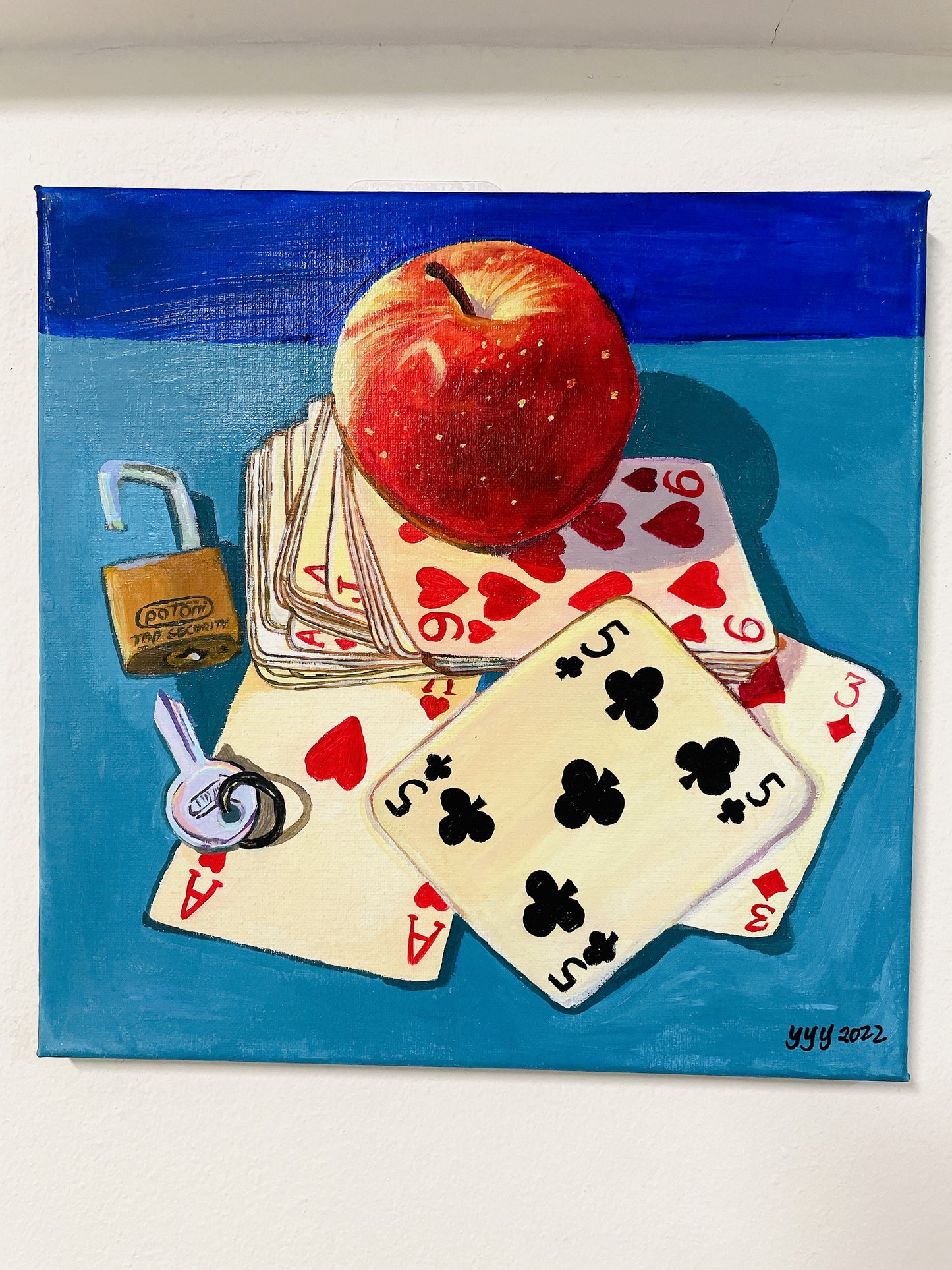 Playing cards apple and lock acrylic painting