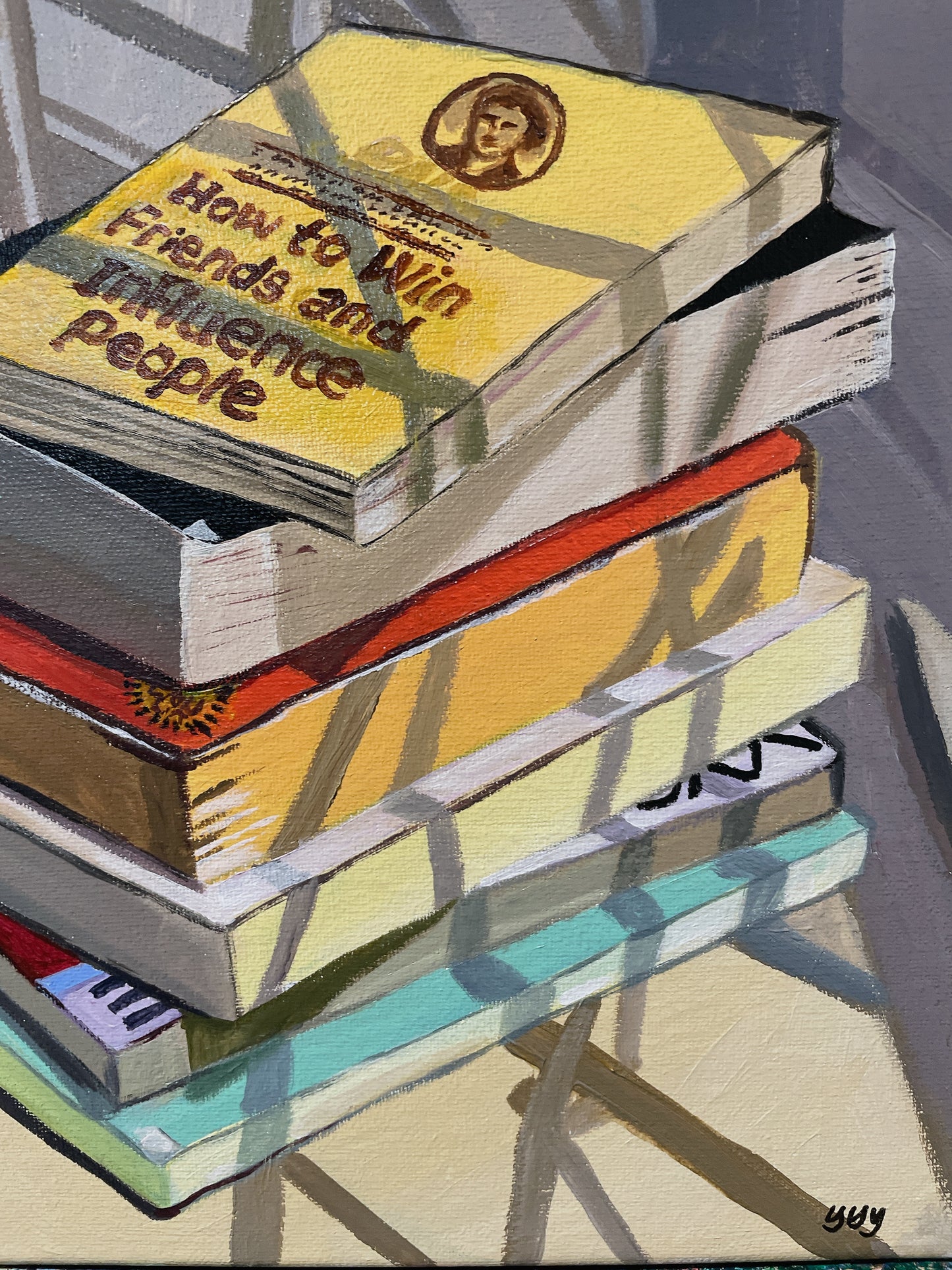 Stack of books acrylic painting