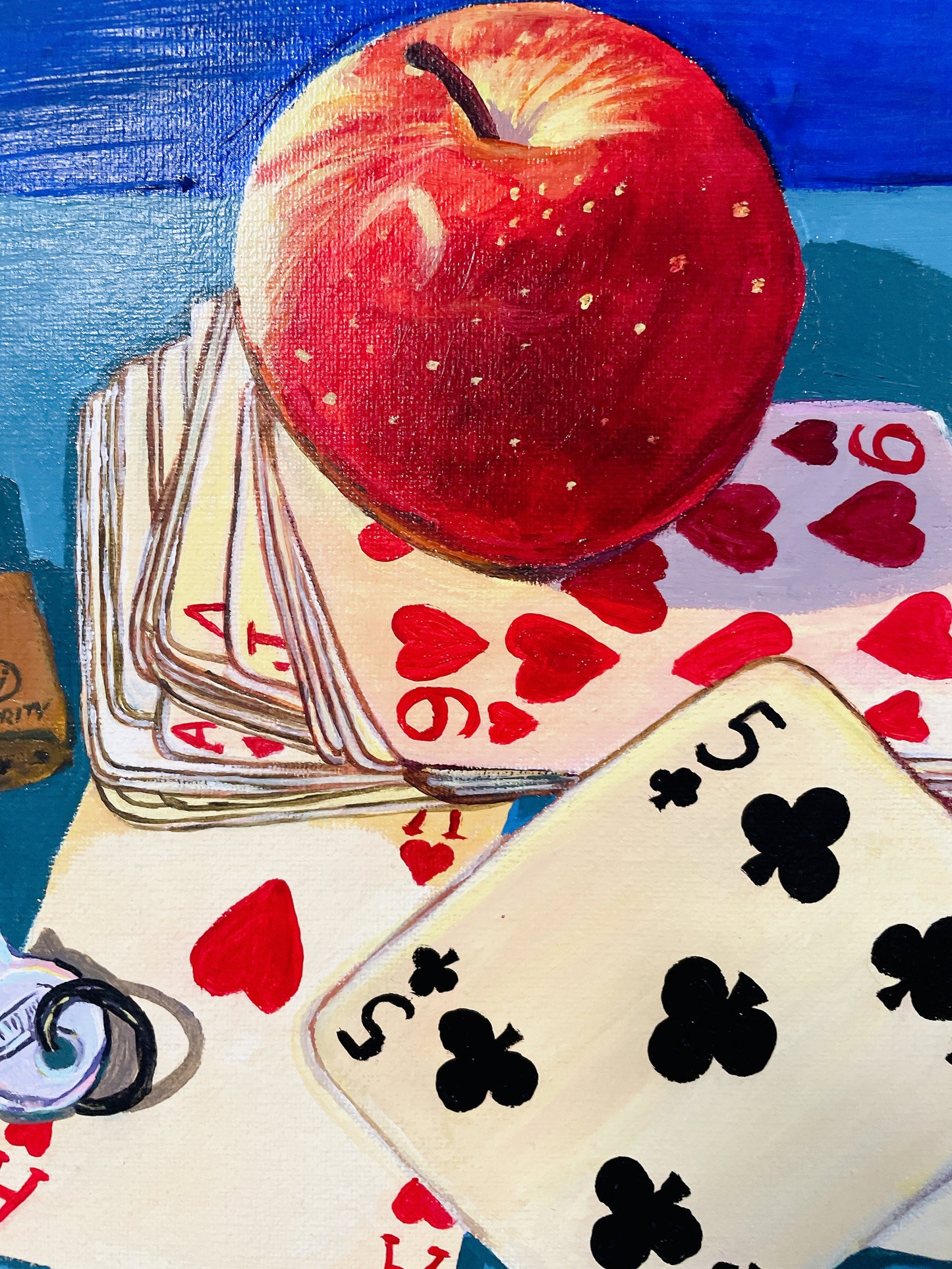 Playing cards apple and lock acrylic painting