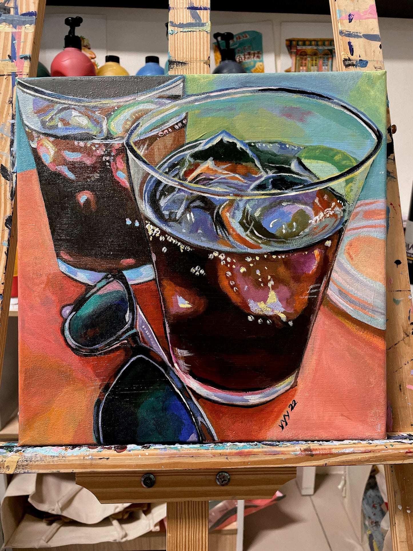 Soft drinks and sunglasses acrylic painting