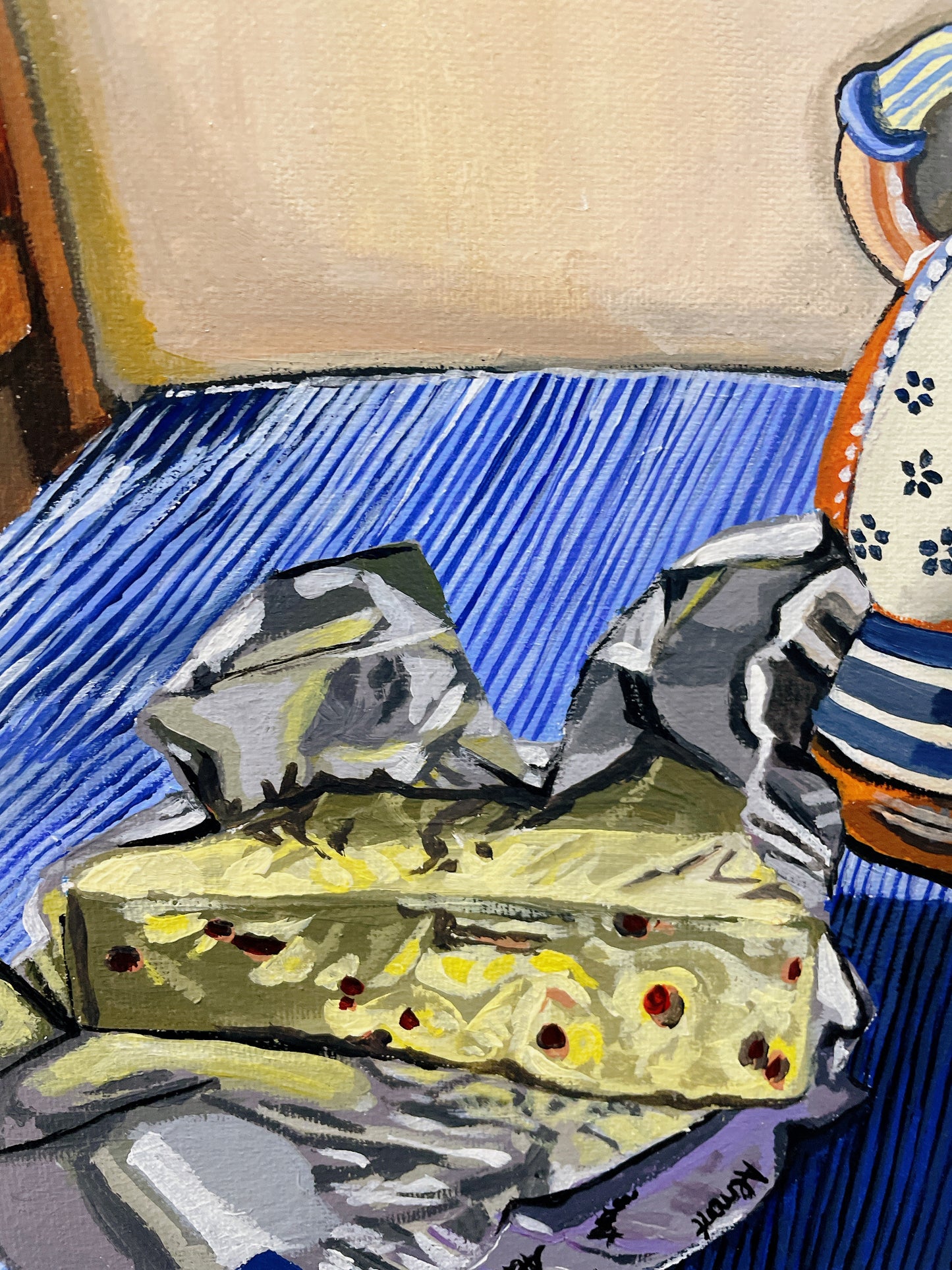 Pottery and cheese acrylic painting