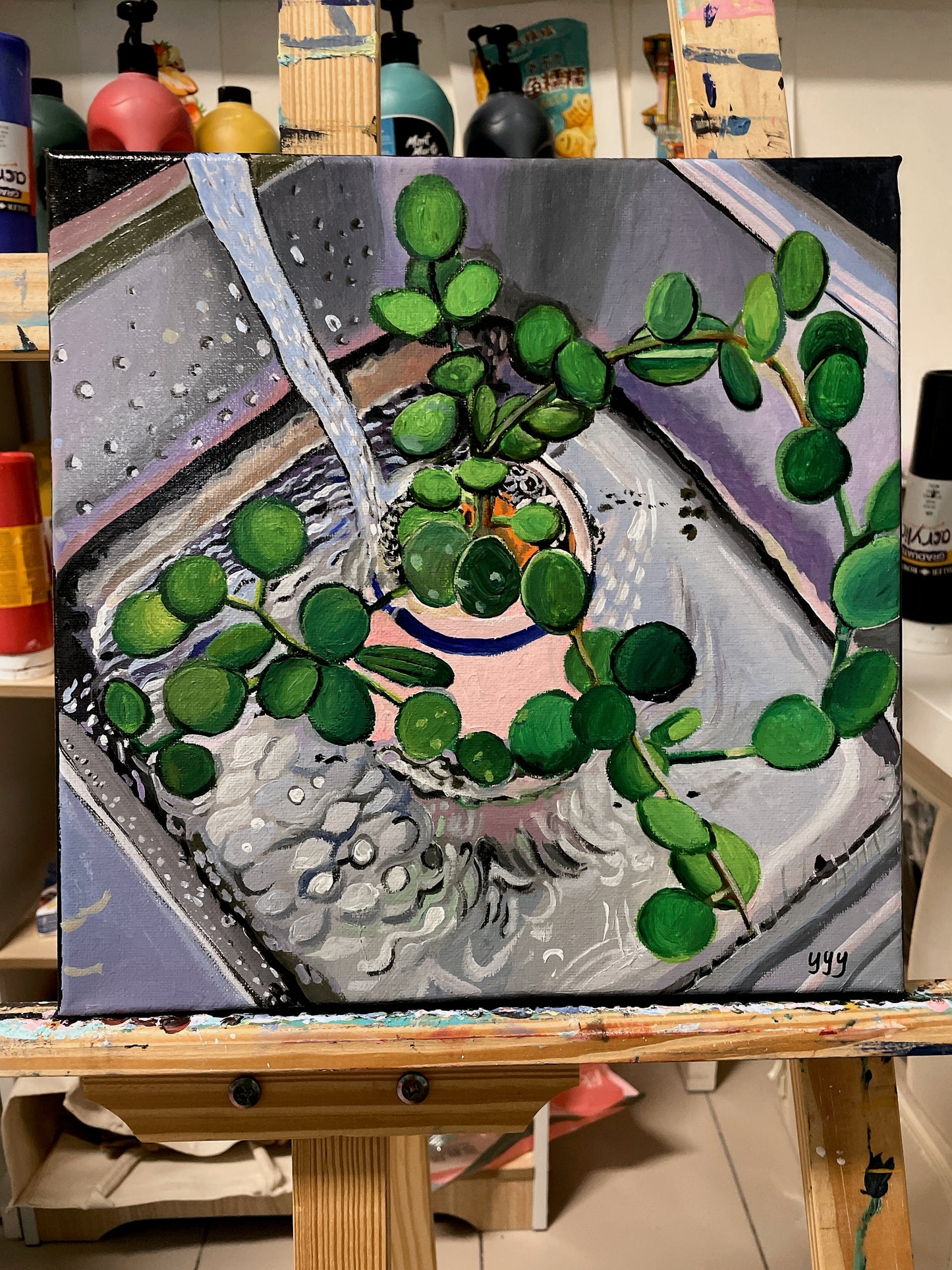 Watering plant acrylic painting